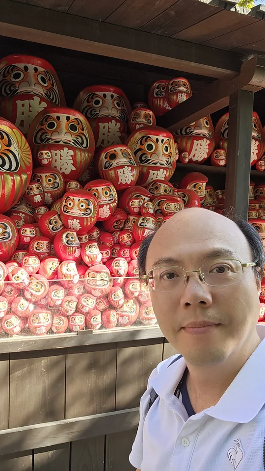 作者站在勝尾寺達摩奉納棚前
